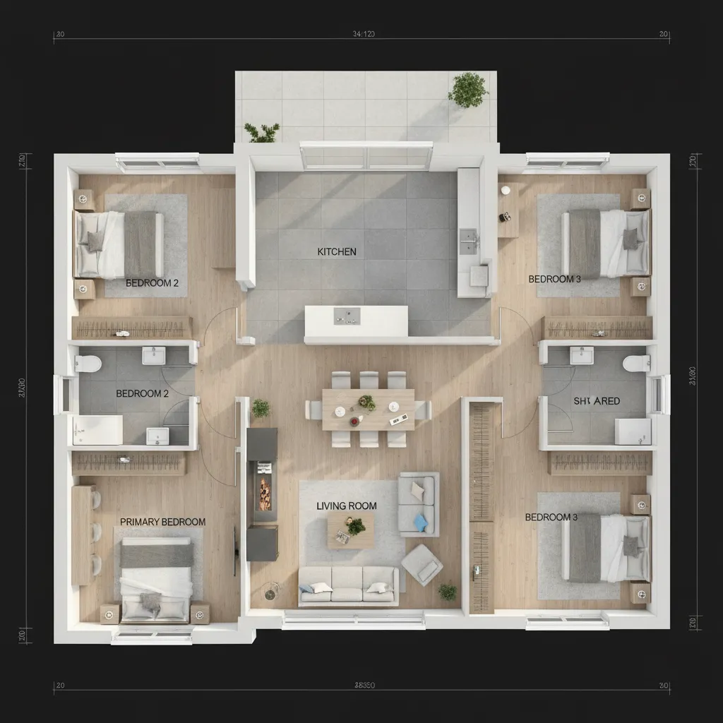 Interior design drawing showing three bedroom apartment layout with kitchen dining and living room furniture