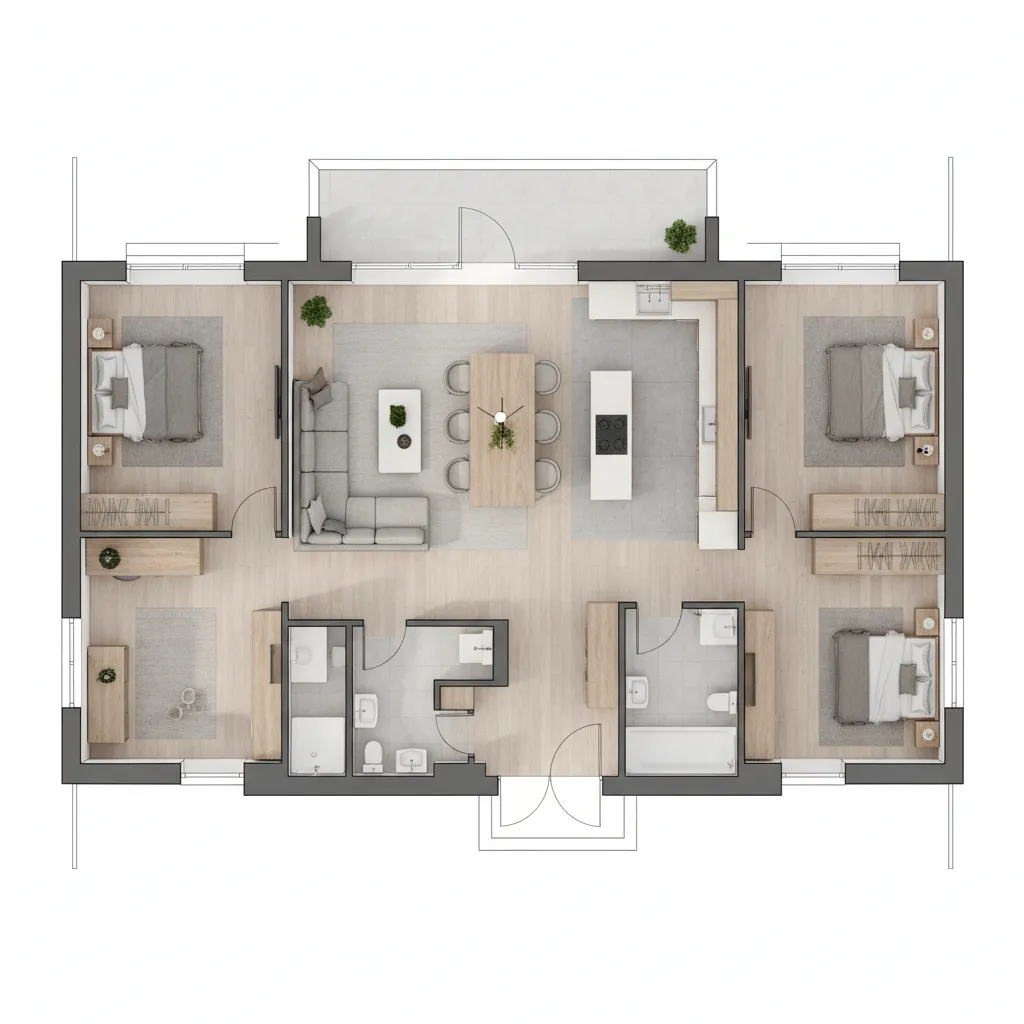 Interior design drawing of three bedroom house layout with living room kitchen and dining area