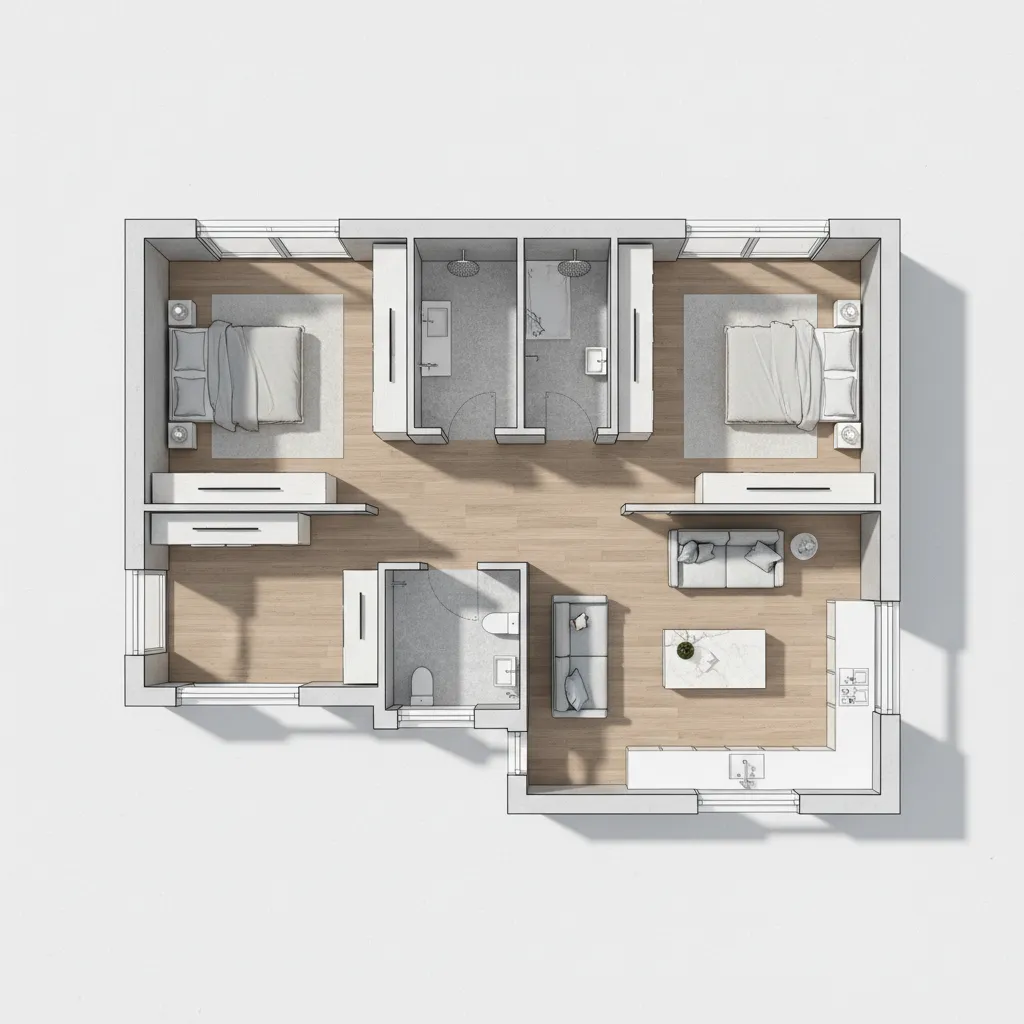 Interior design drawing of house layout with two bedrooms white furniture and light brown floors