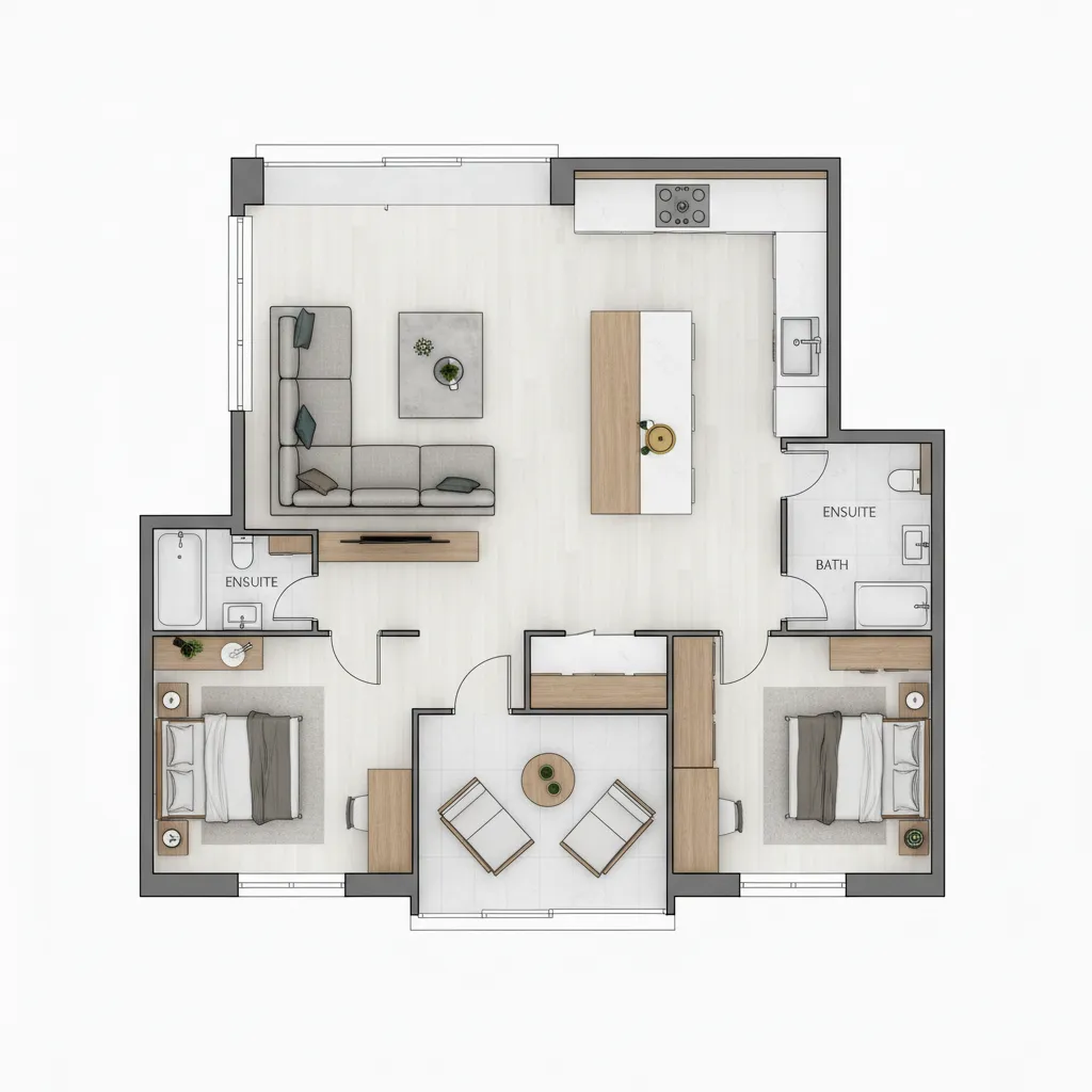 Denah rumah dua kamar dengan ruang tamu dan dapur terbuka