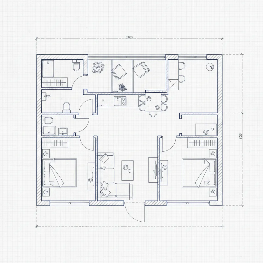 Blue line interior design drawing showing a two bedroom apartment layout on a grid background