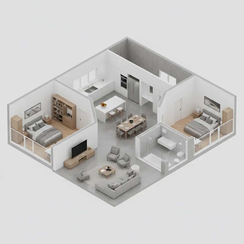 Visualisasi 3D denah rumah dua kamar