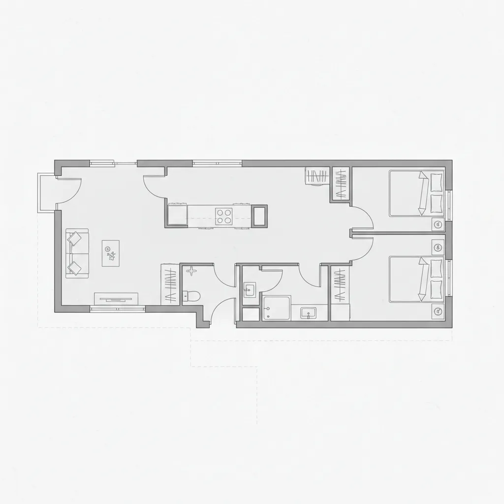 Black and white 2D floor plan showing a linear two bedroom house with central kitchen