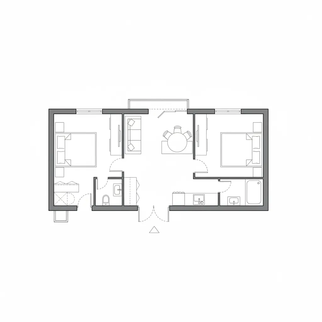 Simple 2D floor plan layout showing two bedrooms living room kitchen and a small bathroom