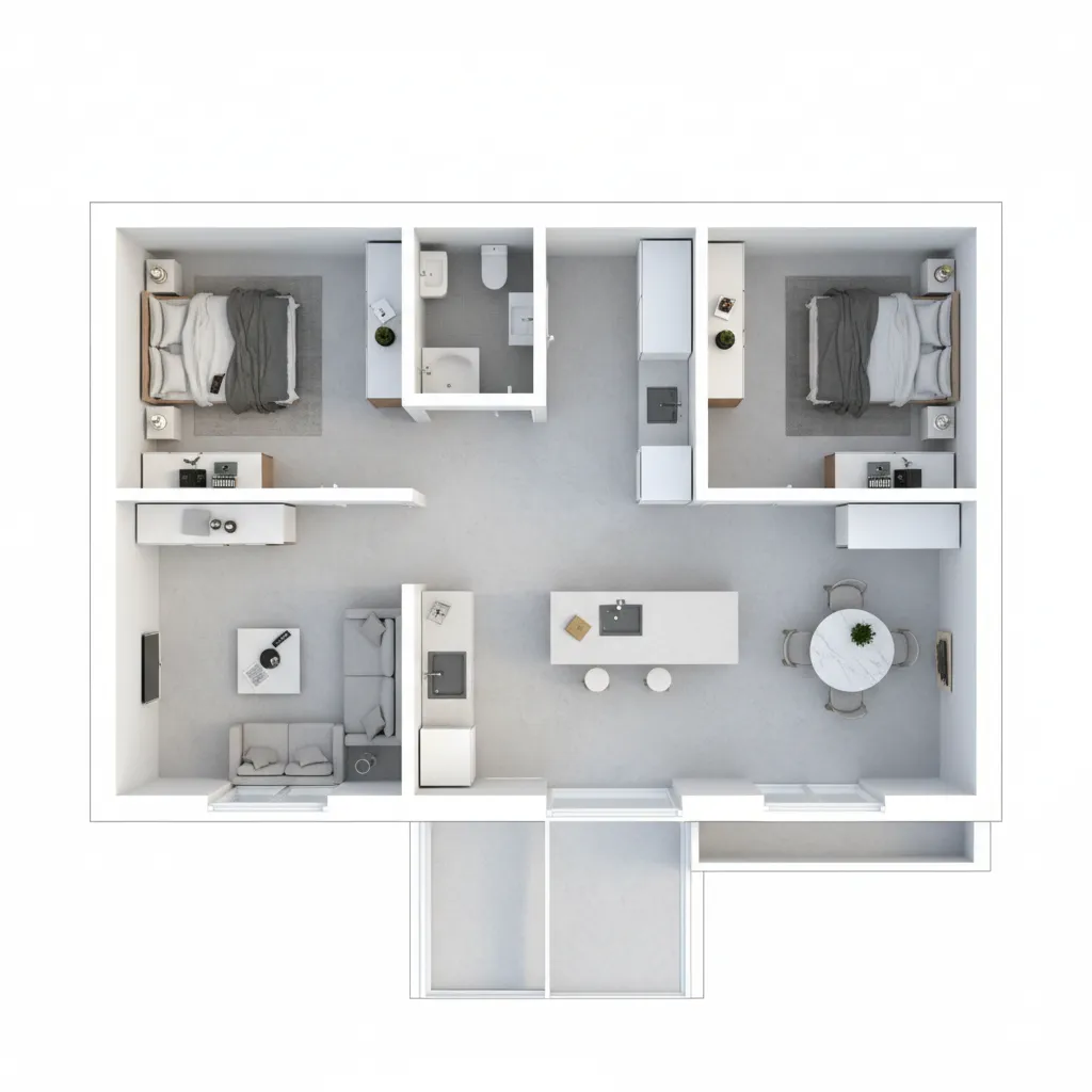 Three dimensional room layout showing two bedrooms, kitchen island, dining table, and modern living room furniture