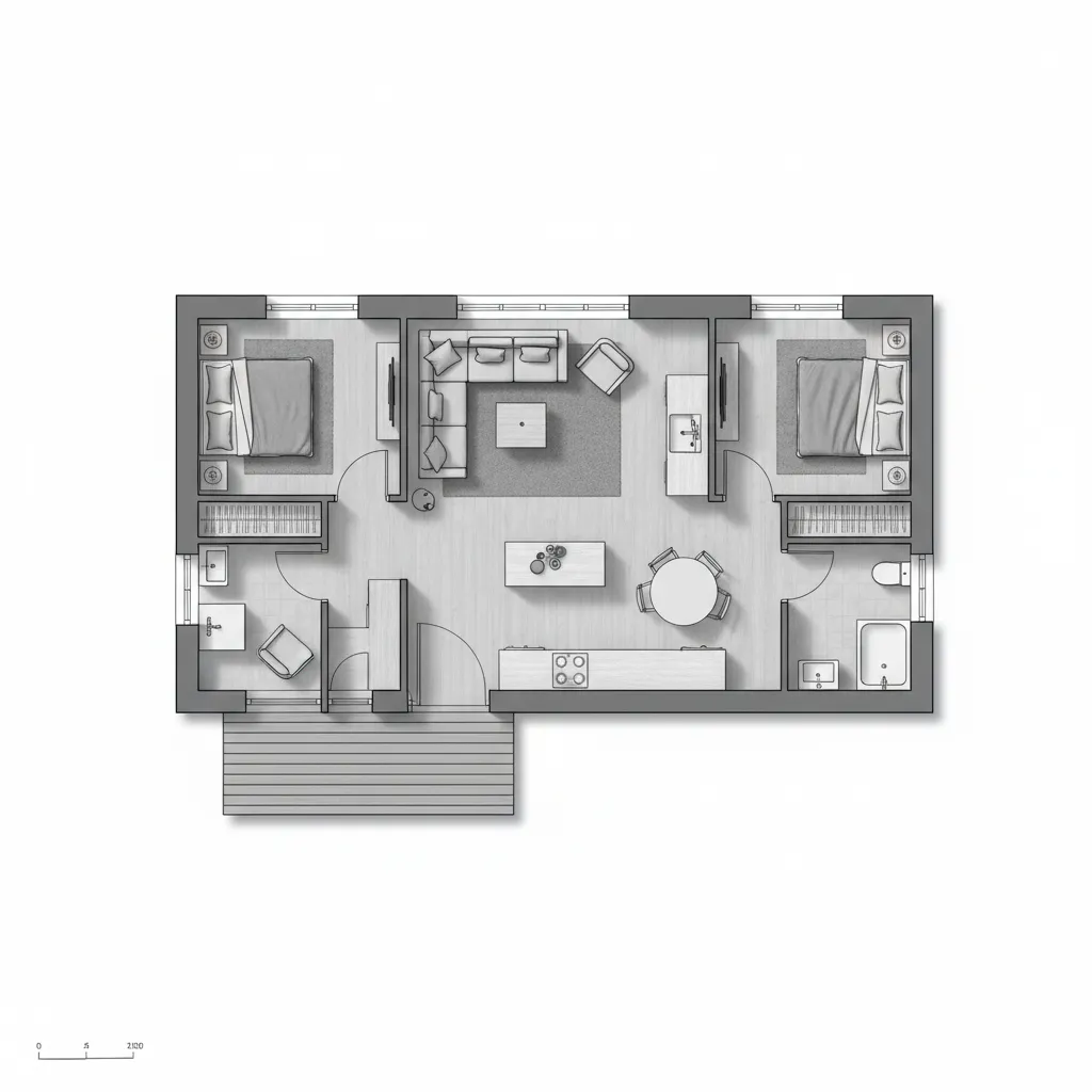 Modern two bedroom apartment floor plan layout with central living room kitchen area and porch