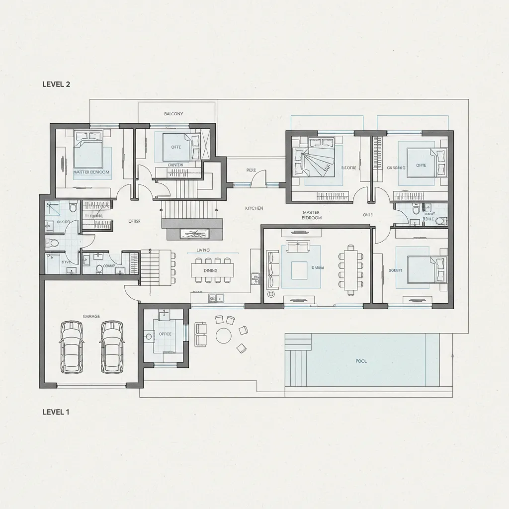 Two level house floor plan drawing showing a garage pool living area and multiple bedrooms