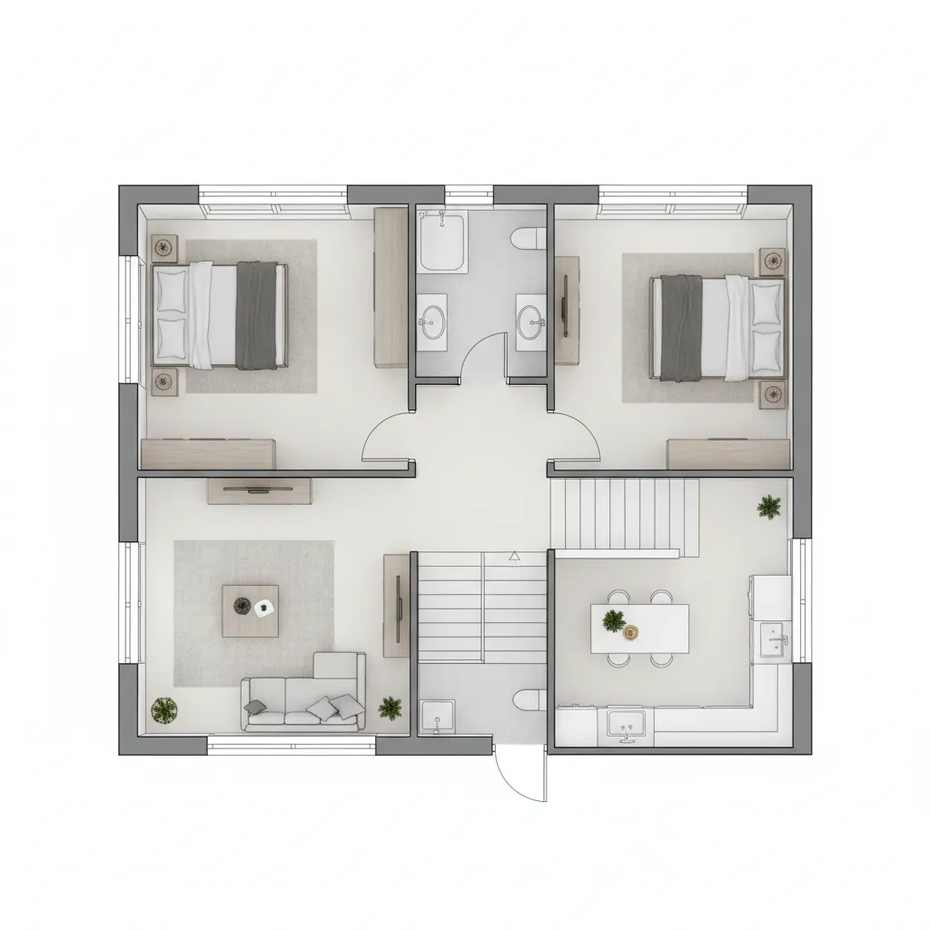 Top view interior design drawing of house layout with two bedrooms living room kitchen and stairs