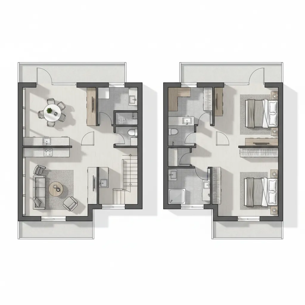 Interior design drawing showing two floor house plan with living room kitchen dining and bedrooms