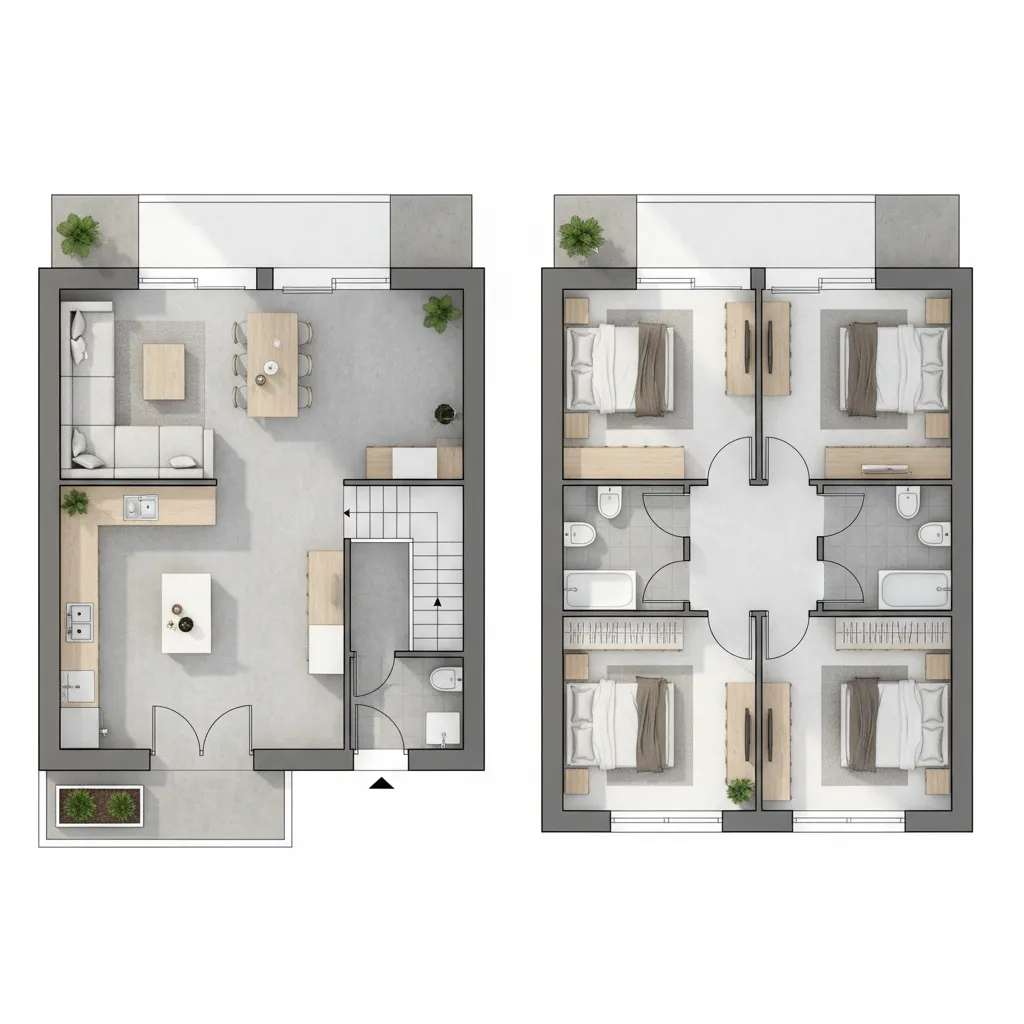 Modern house interior design drawing showing two floors with kitchen living room and four bedrooms