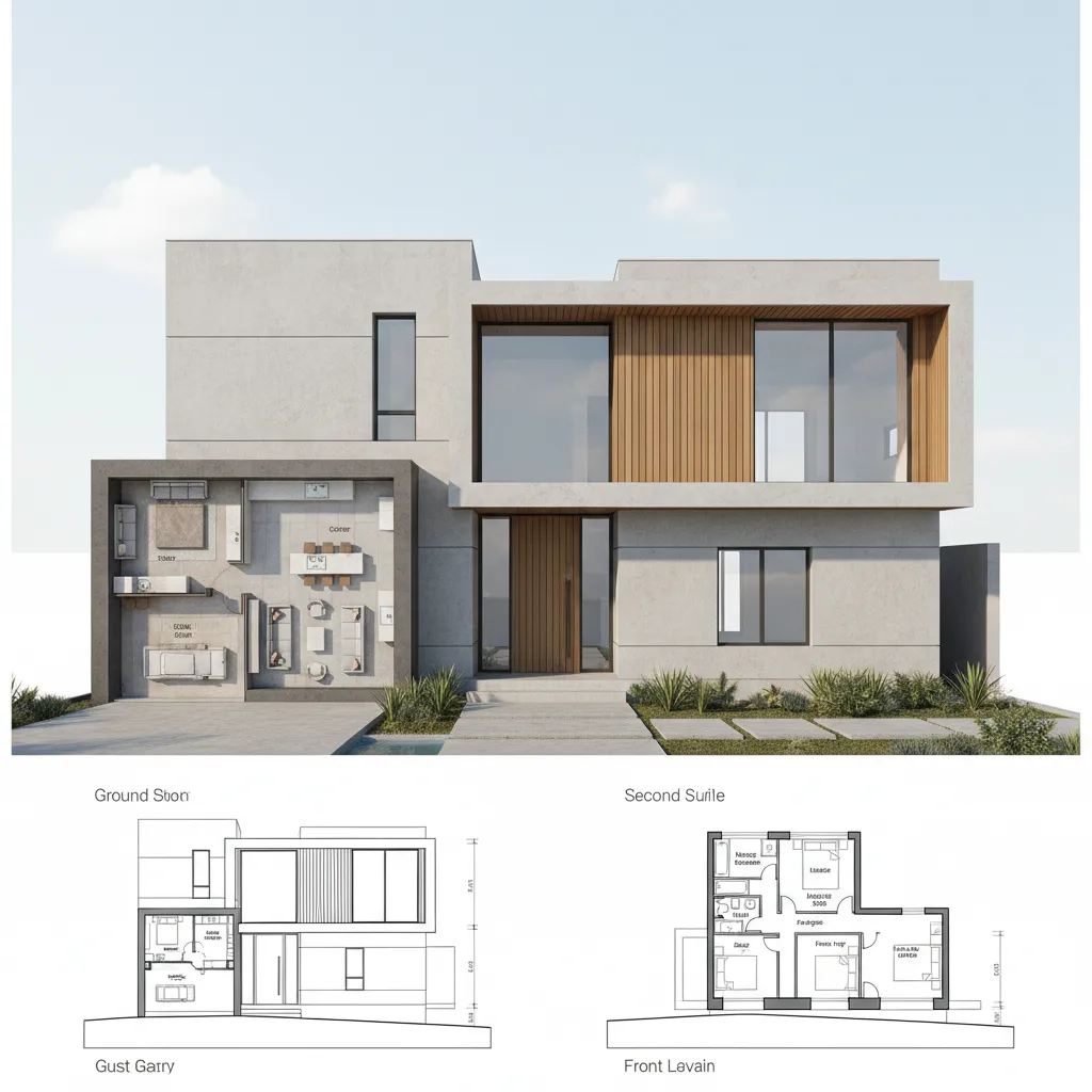 Interior design drawing showing modern house exterior with ground floor and second floor design plans