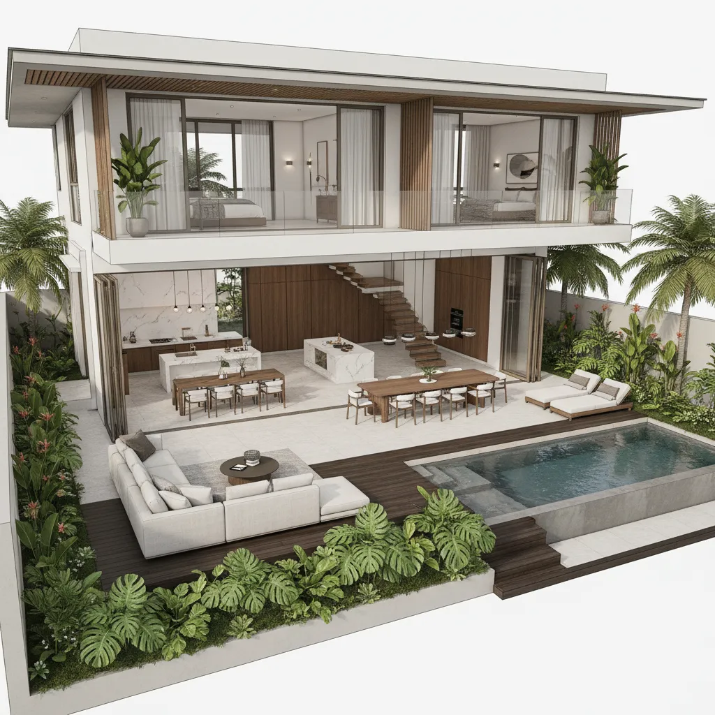 Denah rumah dua lantai dengan taman belakang luas