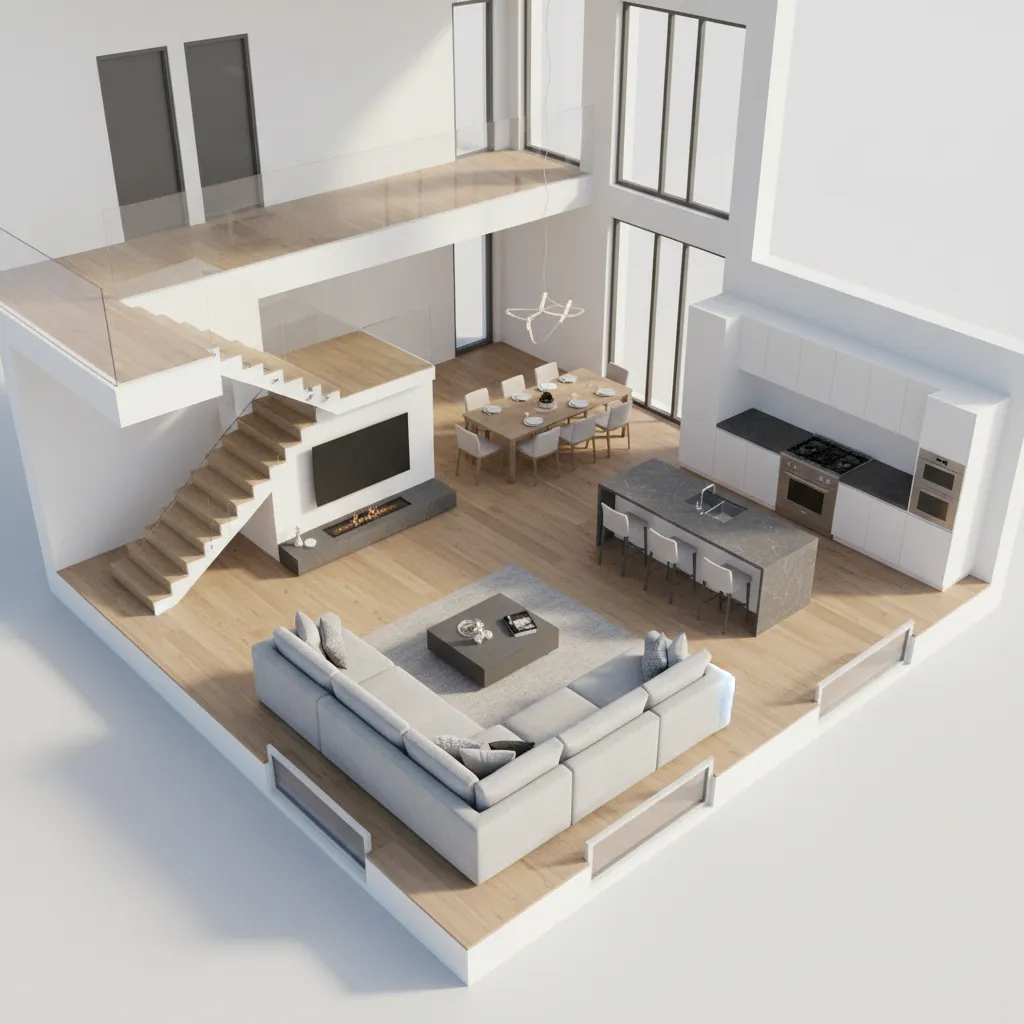 Modern interior room layout with grey sofa kitchen island dining table wooden stairs and windows