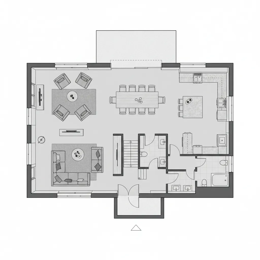 Denah lantai pertama rumah dua lantai dengan ruang tamu dan dapur terbuka