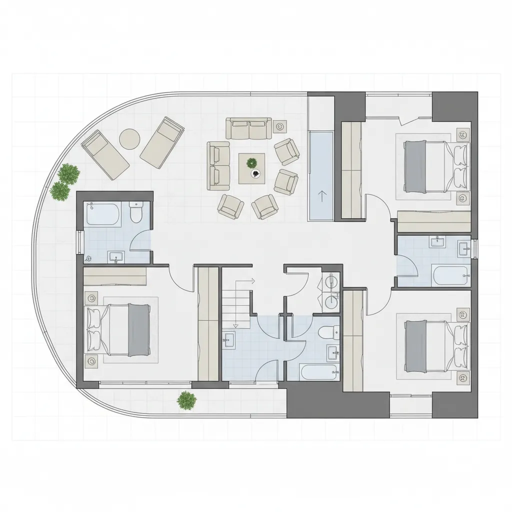 Denah lantai kedua rumah dua lantai dengan beberapa kamar tidur