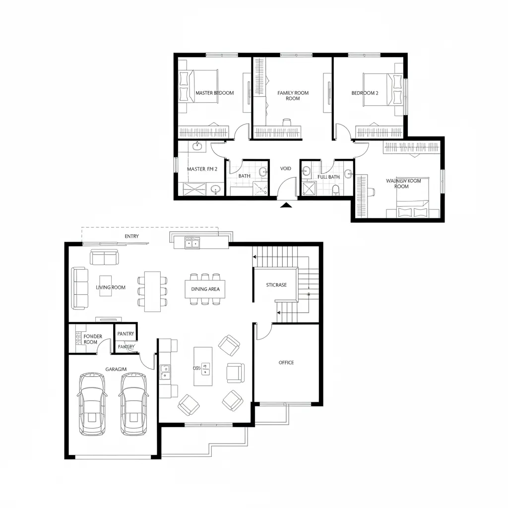 House floor plan showing a garage, living room, dining area, and bedrooms on two levels