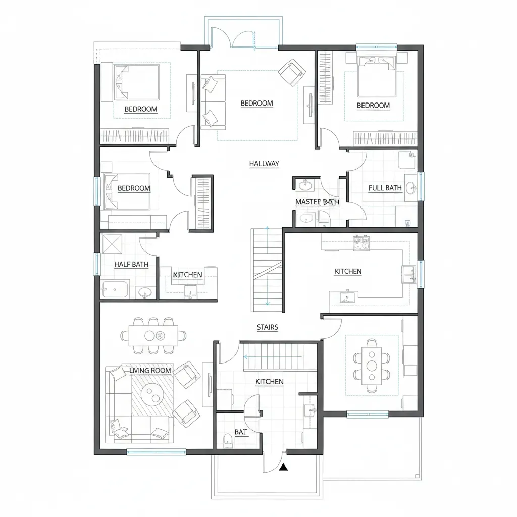 Denah rumah dua lantai dengan pembagian ruang jelas