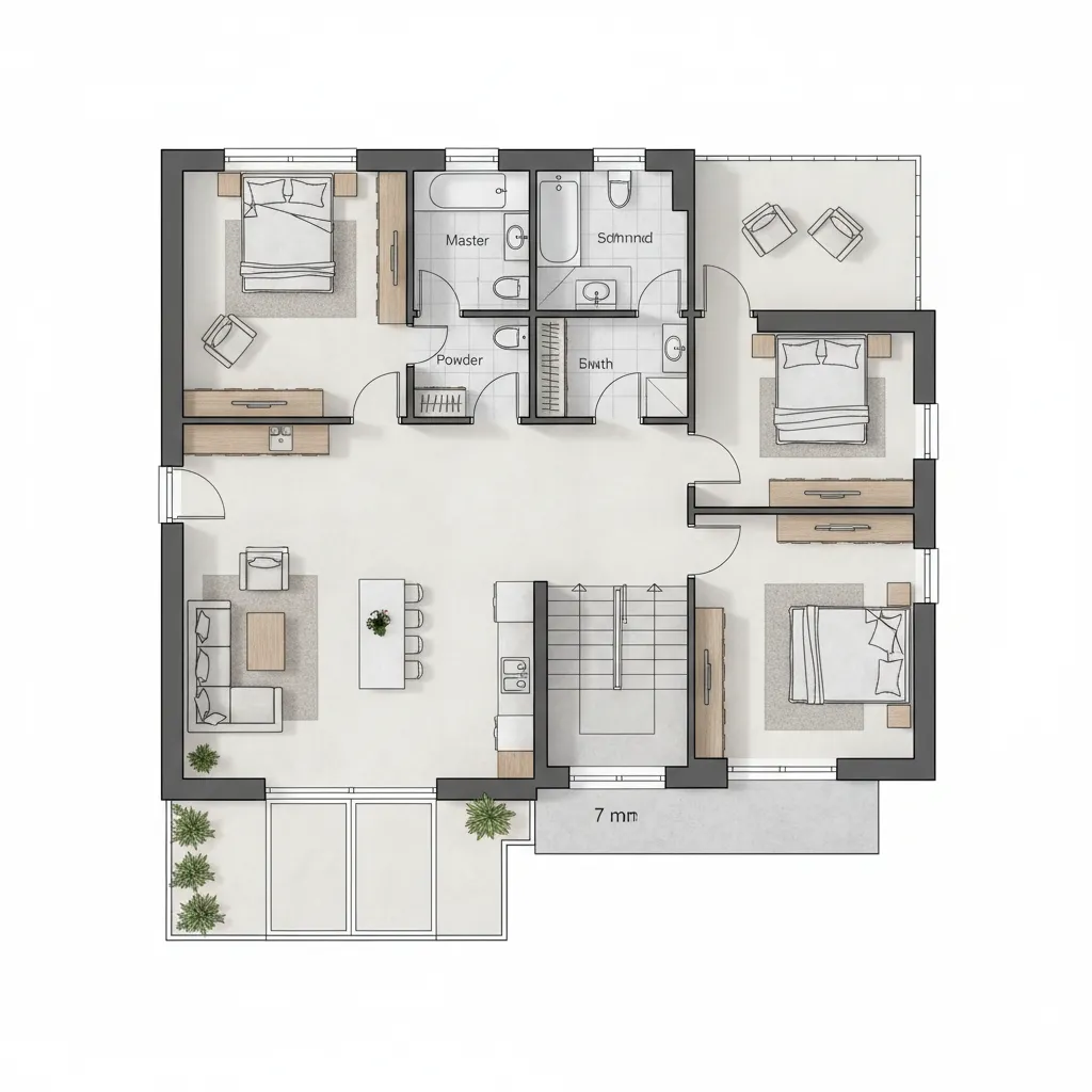 Colored 2D floor plan showing three bedrooms living room kitchen bathrooms and stairs with labels
