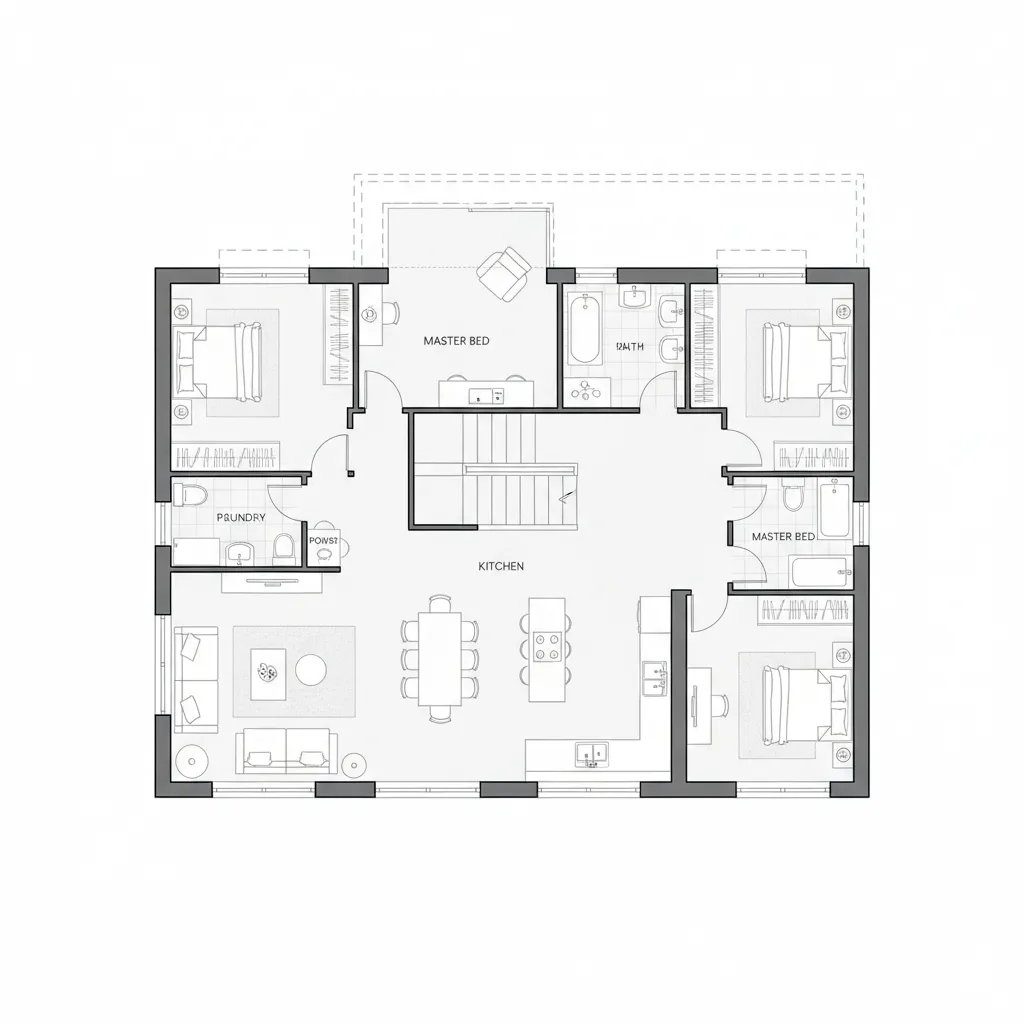 Large room layout with central kitchen, four bedrooms, stairs, dining table, and living room area