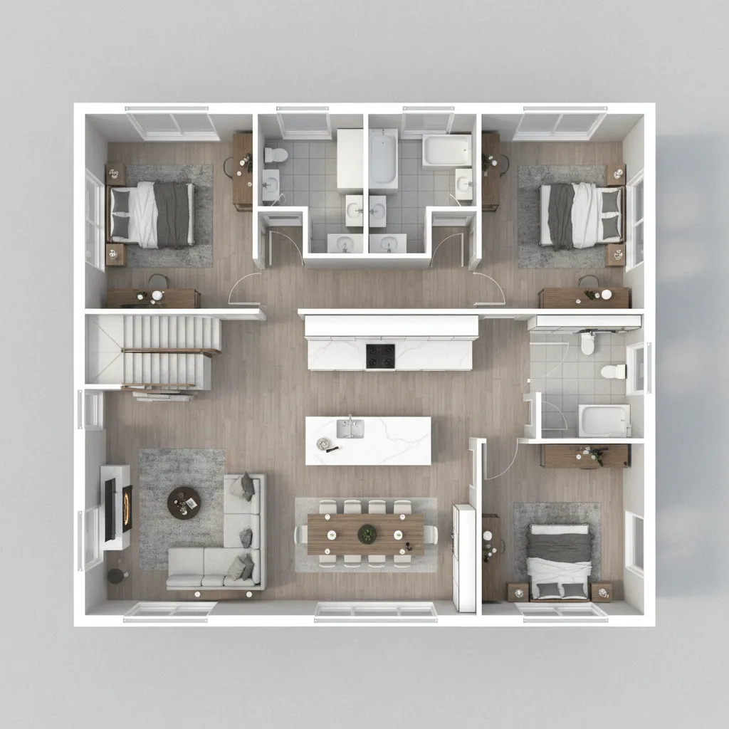 Modern interior design drawing showing three bedrooms, kitchen island, dining table, and open living room