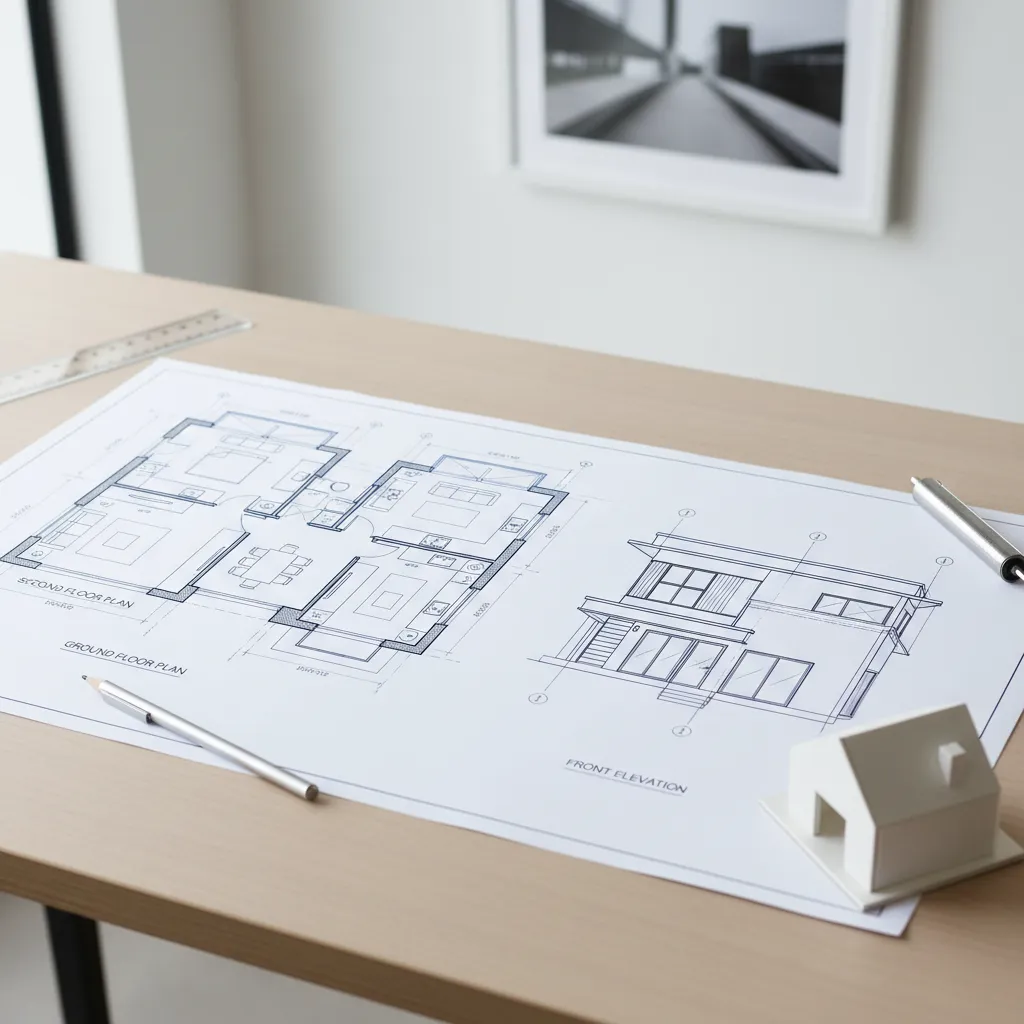 Interior design drawing on a wooden desk with a small white house model and a pen