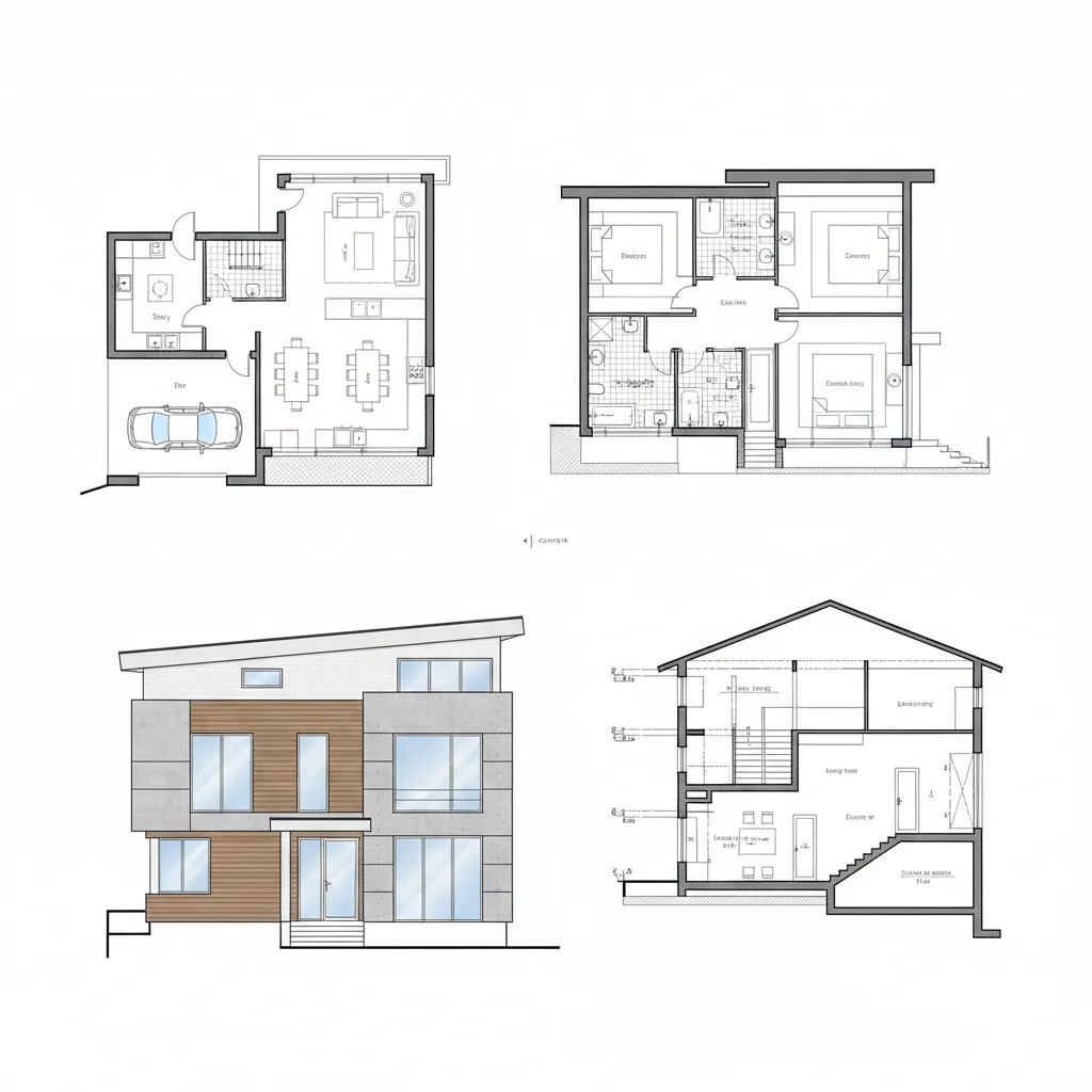 Interior design drawing showing two story floor plans house front view and a room layout