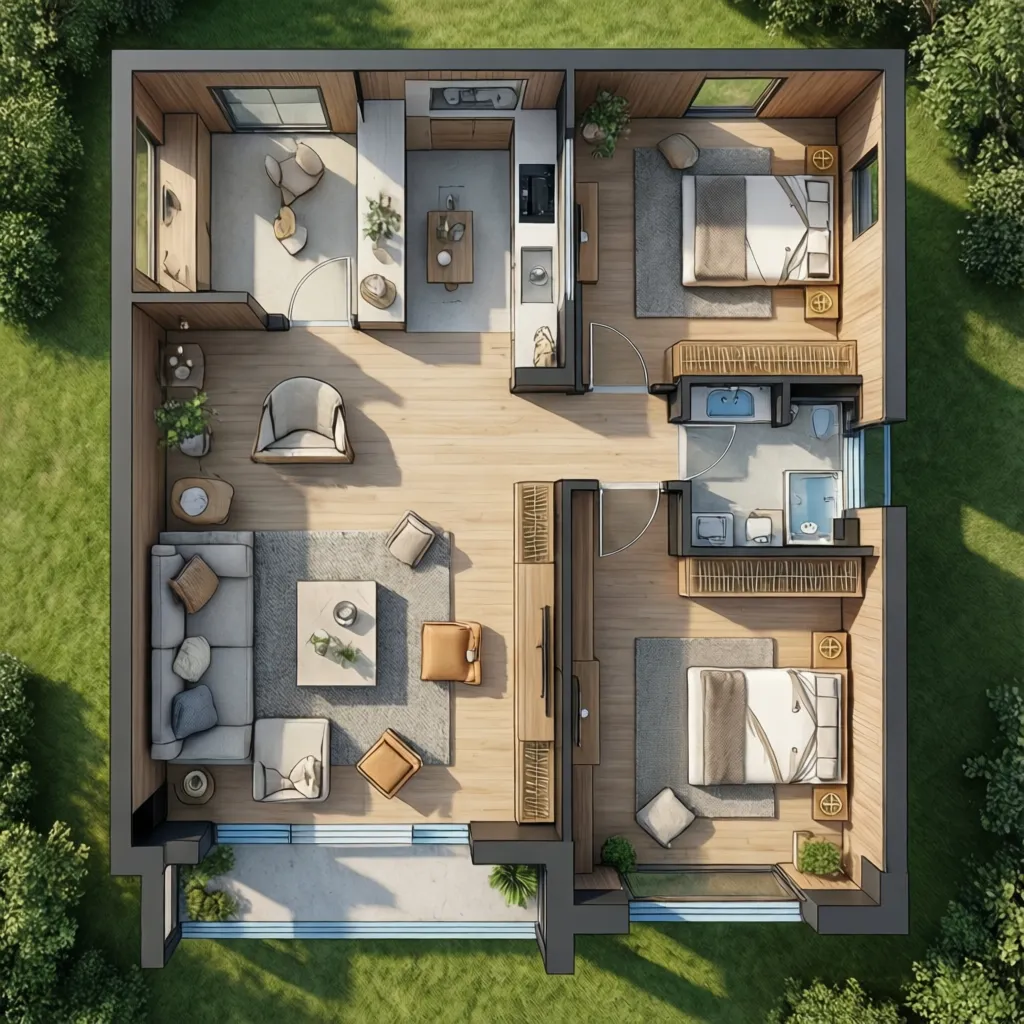 Top view of small modern house floor plan with wooden floors two bedrooms and green grass