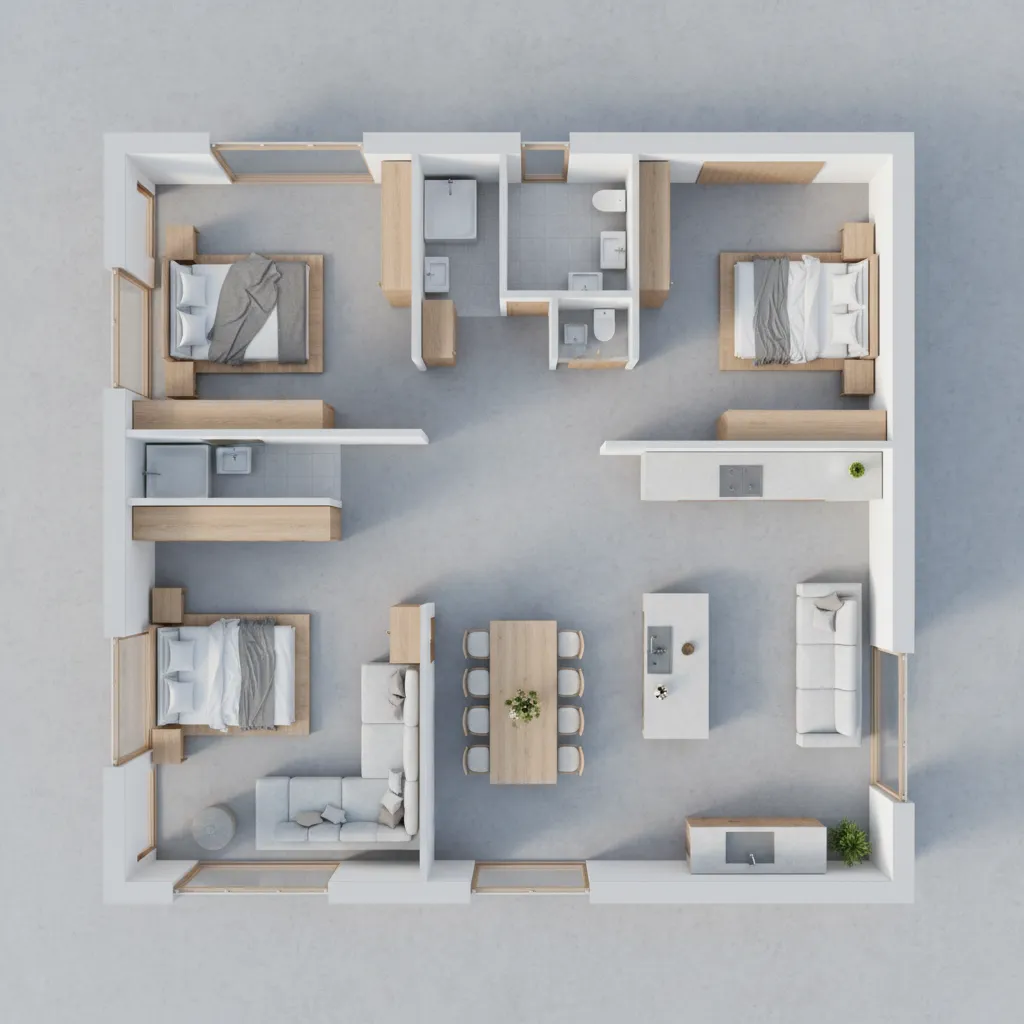 3D interior design drawing of a house with three bedrooms living area and dining table