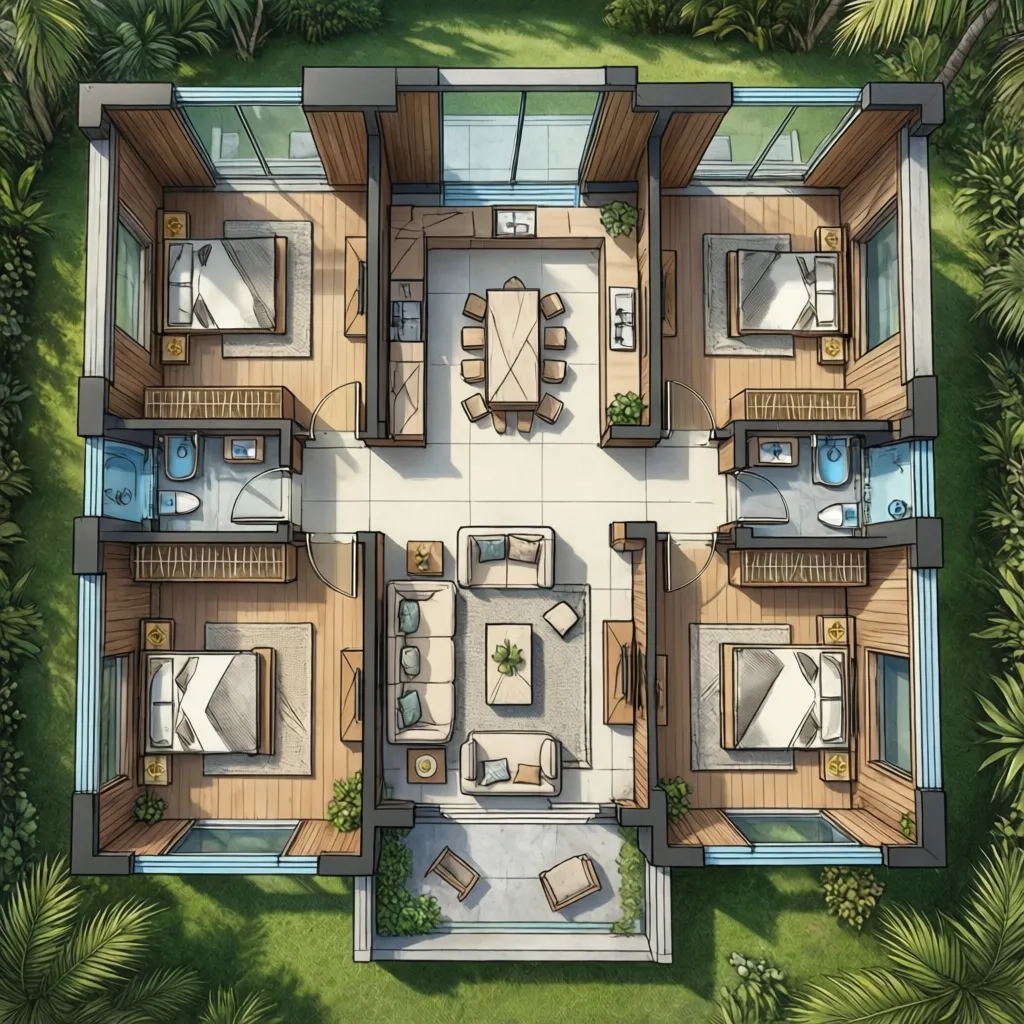 Interior design drawing of a four bedroom house layout with furniture and green garden surroundings