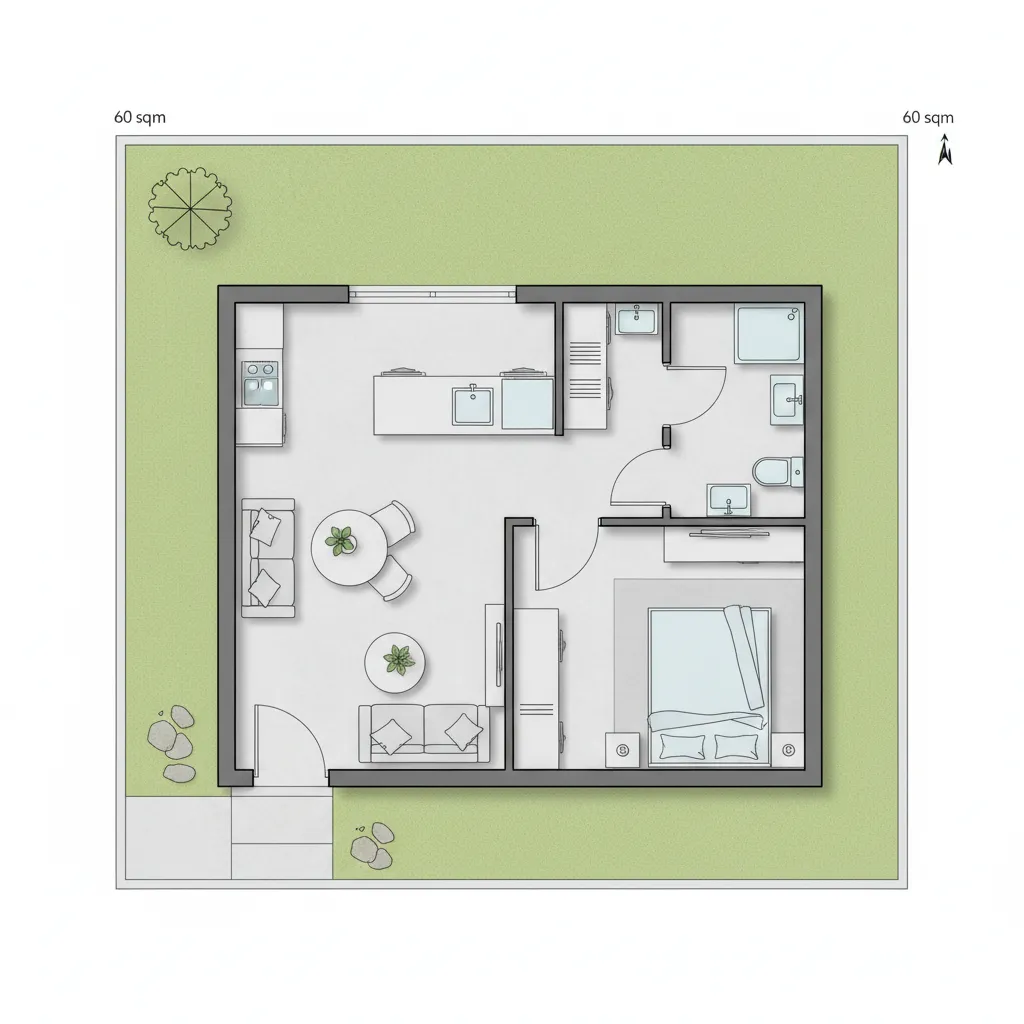 Sketsa denah awal rumah type 25 dengan satu kamar
