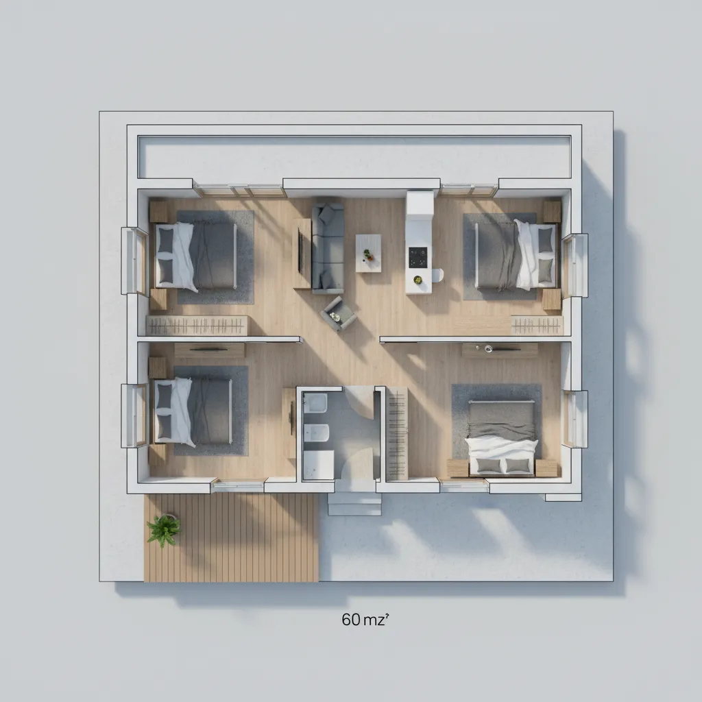 Top view 3D interior design drawing of a modern house with four bedrooms and furniture