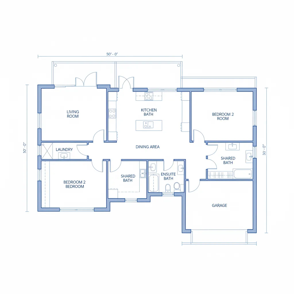 Blue 2D house floor plan showing living room bedrooms kitchen dining area laundry and garage