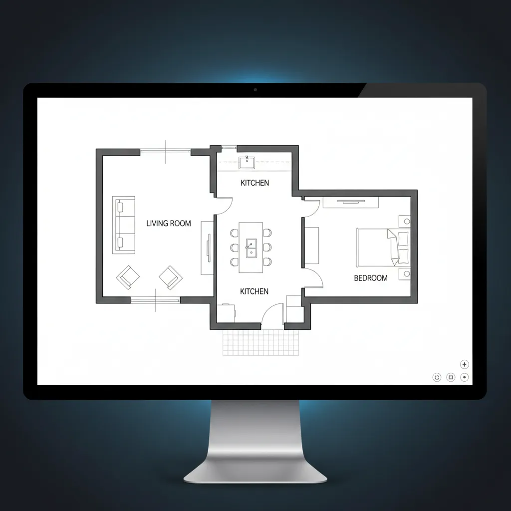 Coohom computer monitor showing a digital 2D floor plan with living room kitchen and bedroom