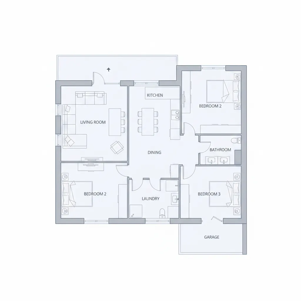2D floor plan drawing showing a house layout with kitchen dining laundry and bedroom labels