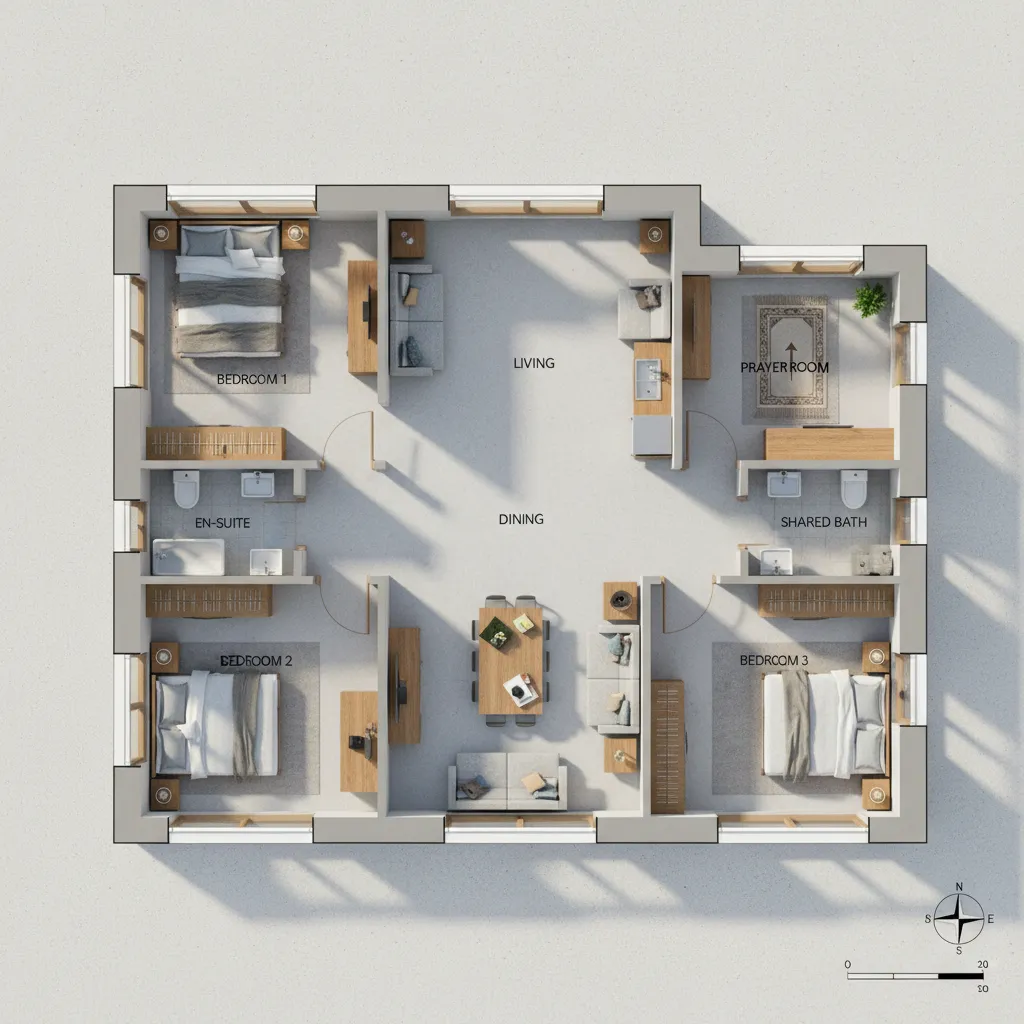 Denah Rumah 3 Kamar 1 Mushola yang Fungsional