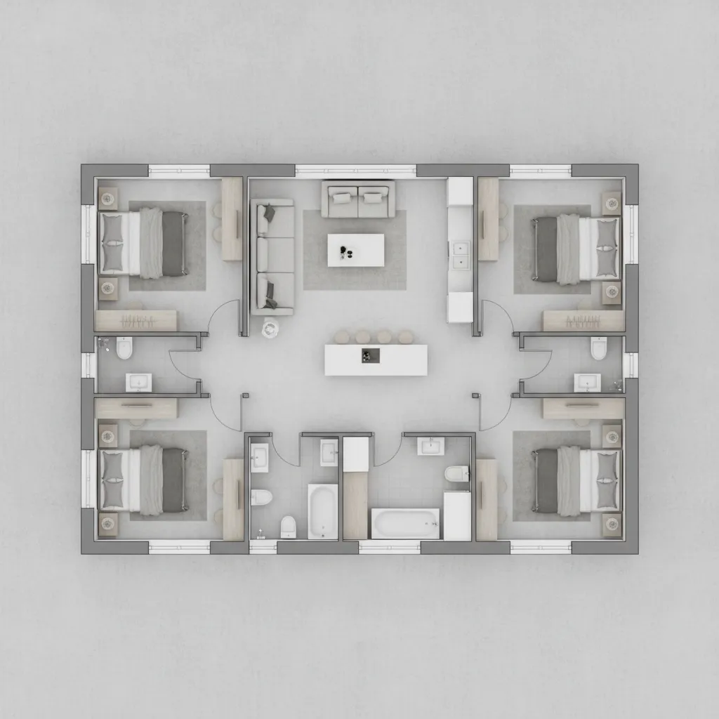 Interior design drawing of a large apartment layout with four bedrooms and central living room