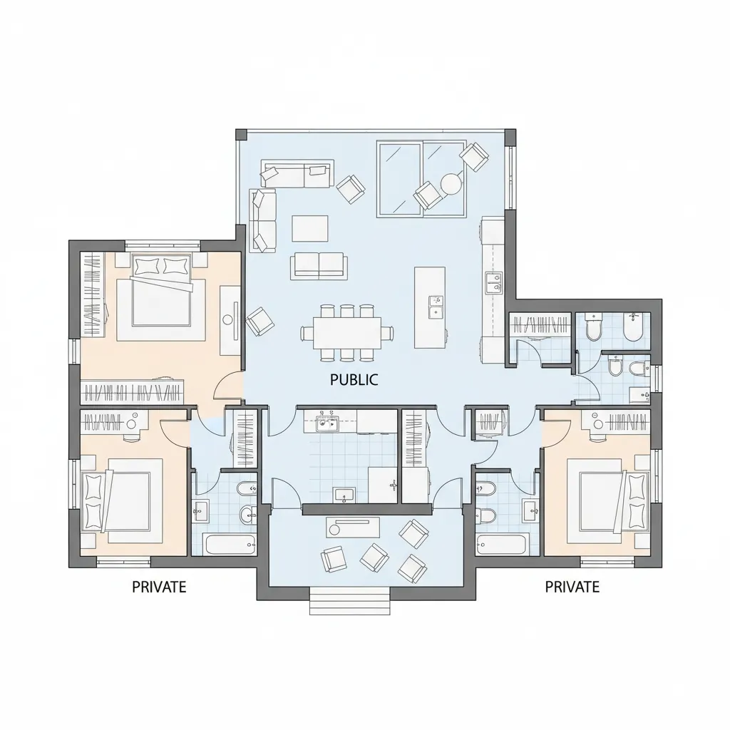 Denah rumah tiga kamar dengan pembagian zona ruang