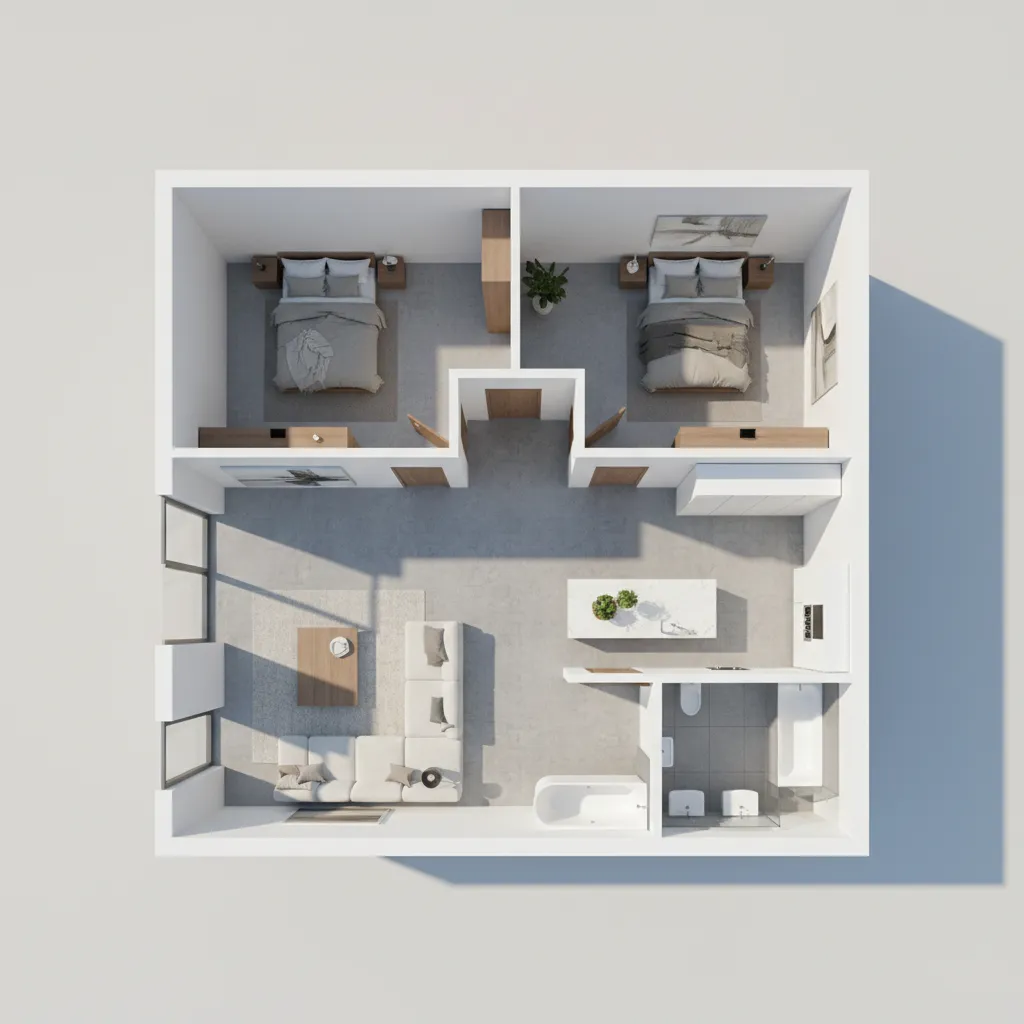 Visualisasi denah rumah tiga kamar dalam tampilan 3D