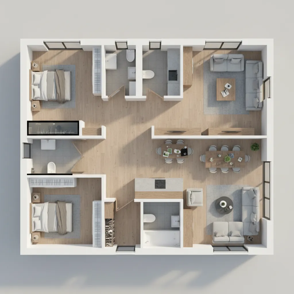3D interior design drawing of a house with wood floors two bedrooms and two sofas