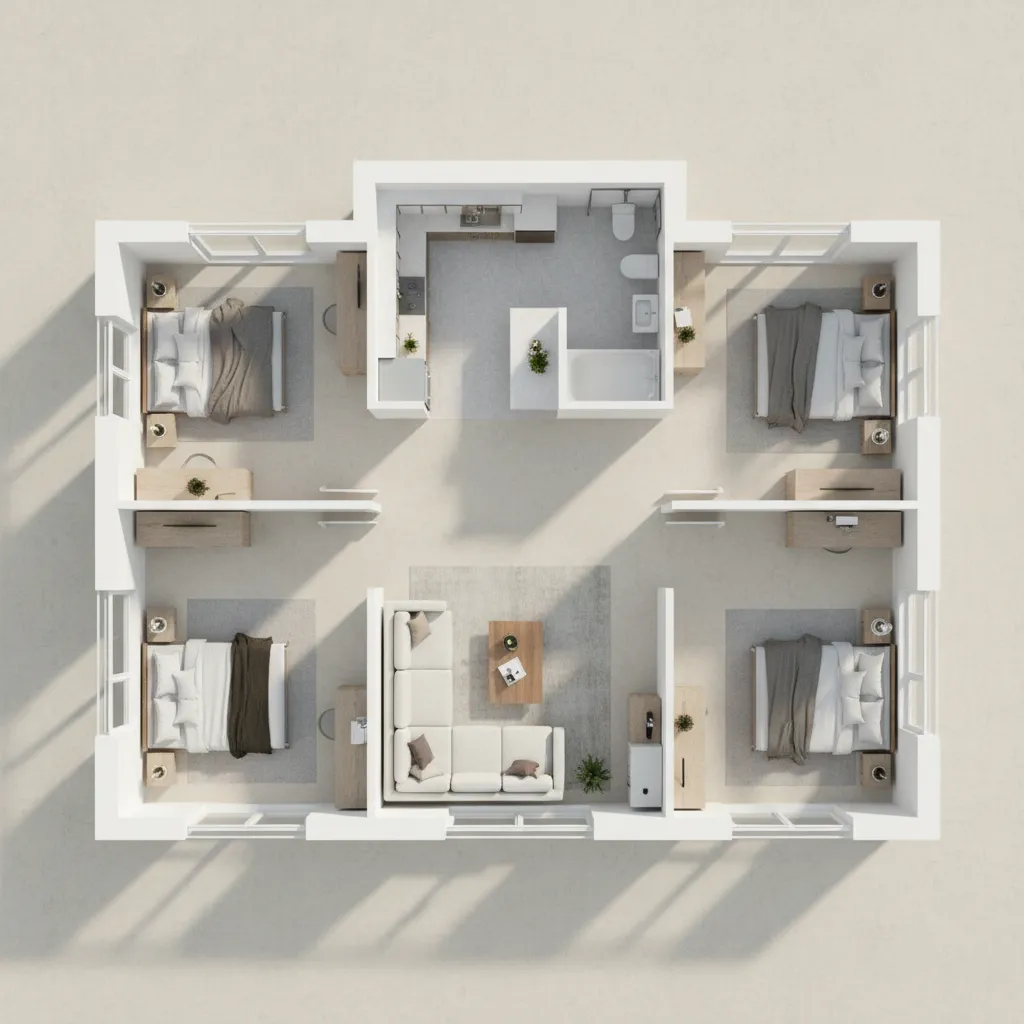 Interior design drawing of house with four bedrooms white sofa living room kitchen and bathroom