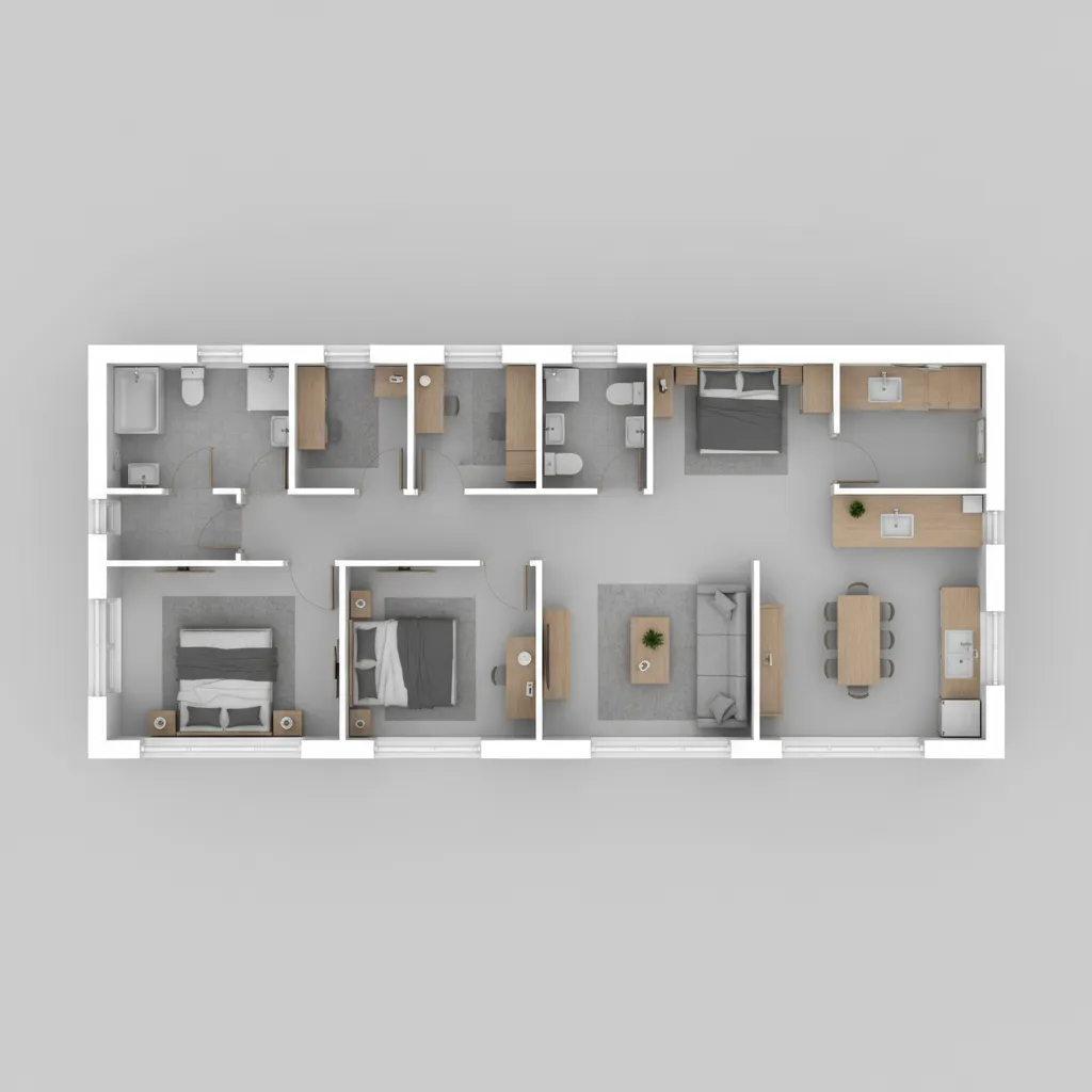 Top view interior design drawing of modern house layout with three bedrooms and open living area