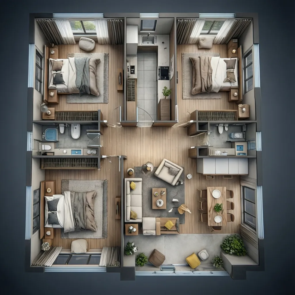 Denah rumah 9x12 dengan tiga kamar tidur