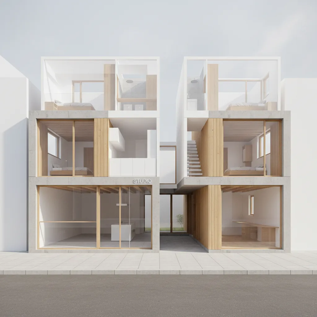 Interior design drawing showing a three level modern building with bedrooms kitchens and glass windows