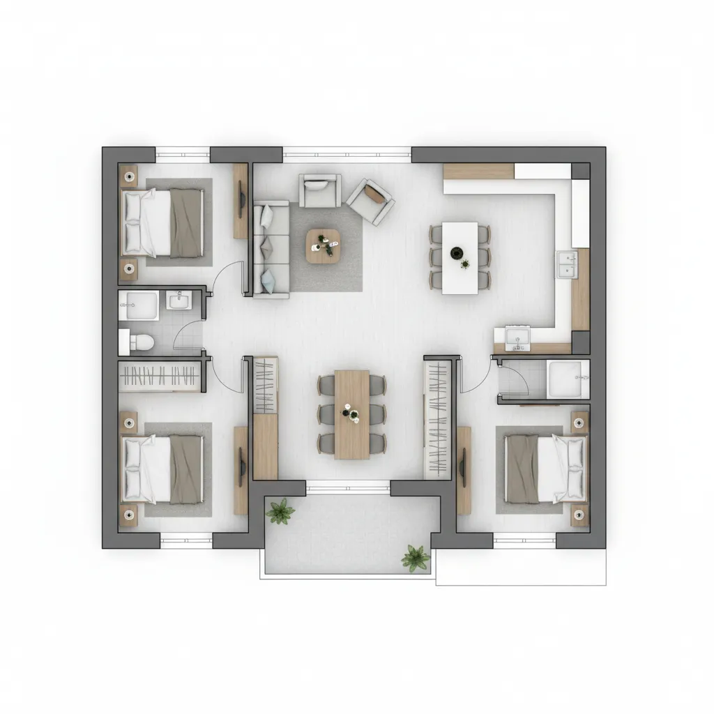 Simple 2D room layout showing a three bedroom house with kitchen dining and living room