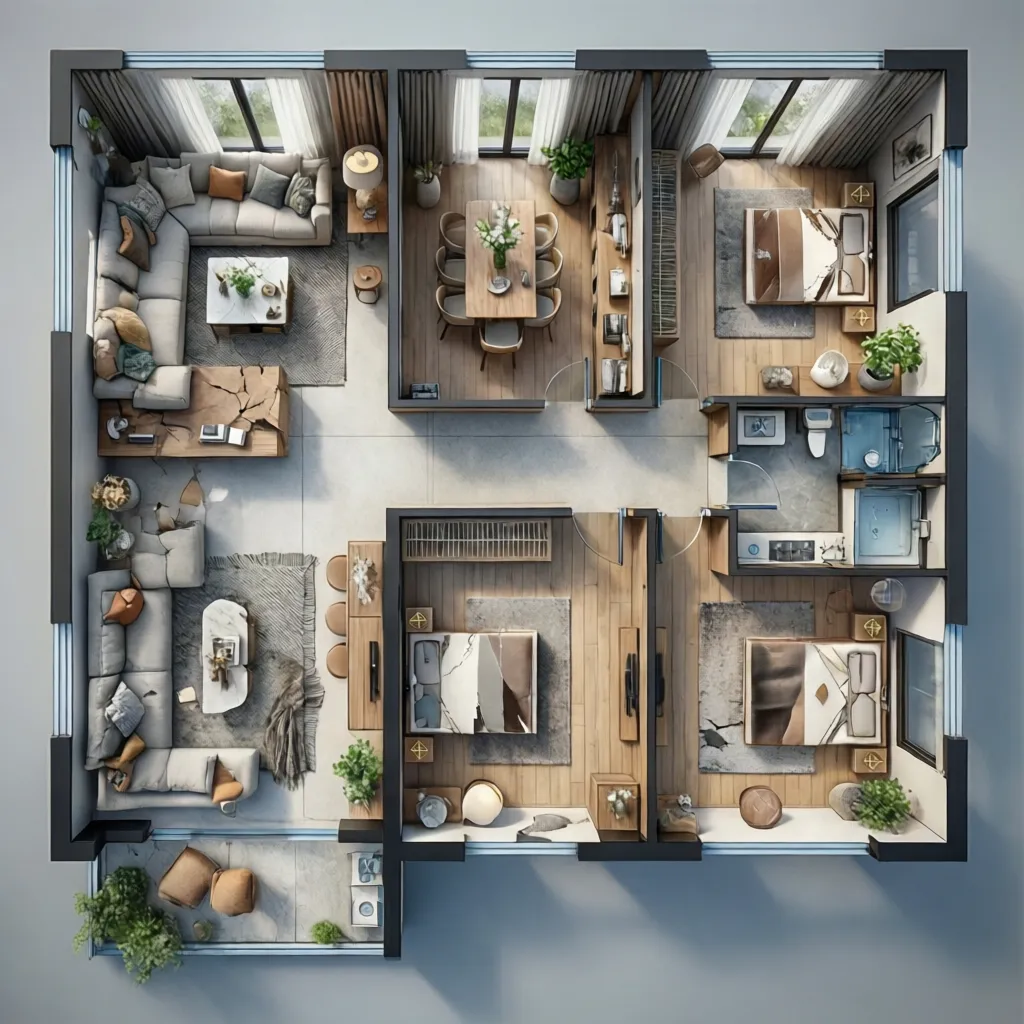 3D interior design drawing showing a modern three bedroom apartment with living room and furniture
