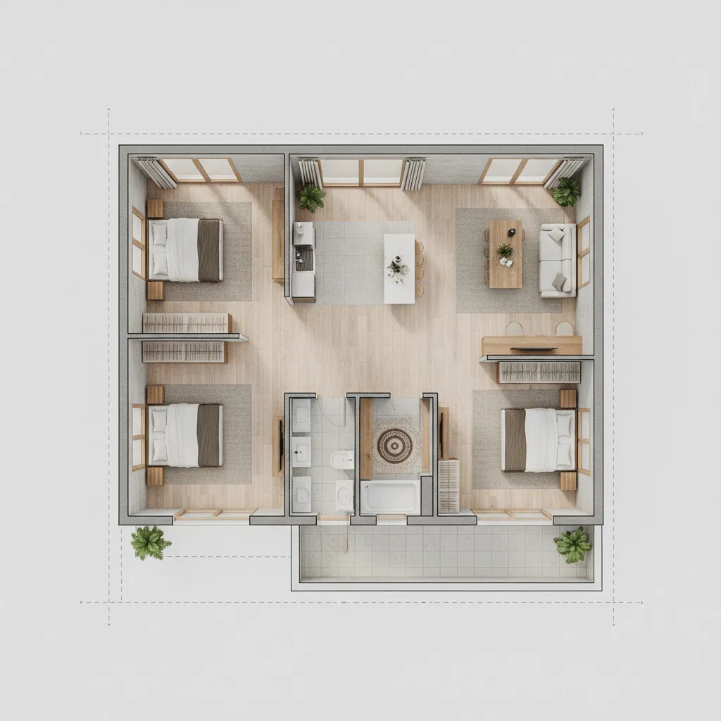 Interior design drawing of house layout featuring three bedrooms, living area, kitchen, and prayer room