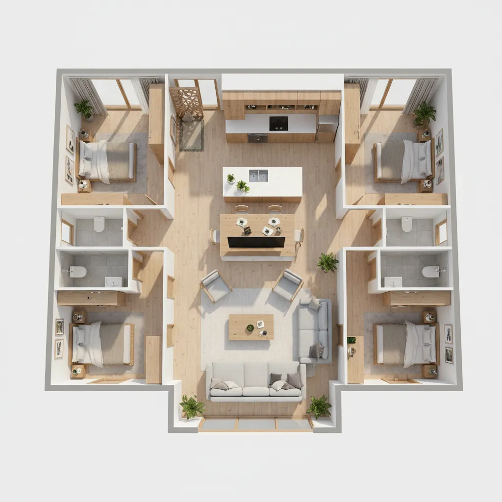 Interior design drawing showing a house layout with four bedrooms kitchen living room and furniture