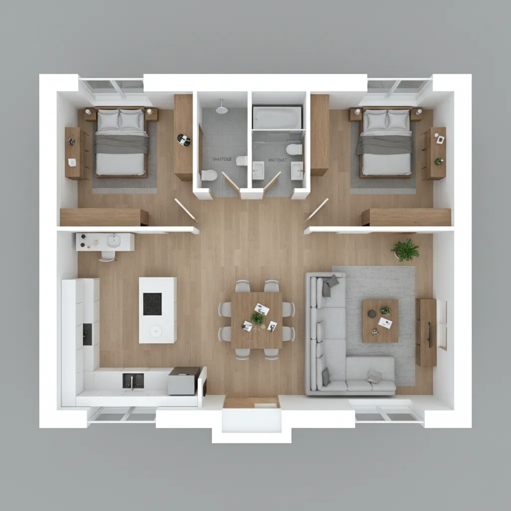 Visualisasi denah rumah 10x10 dalam tampilan tiga dimensi