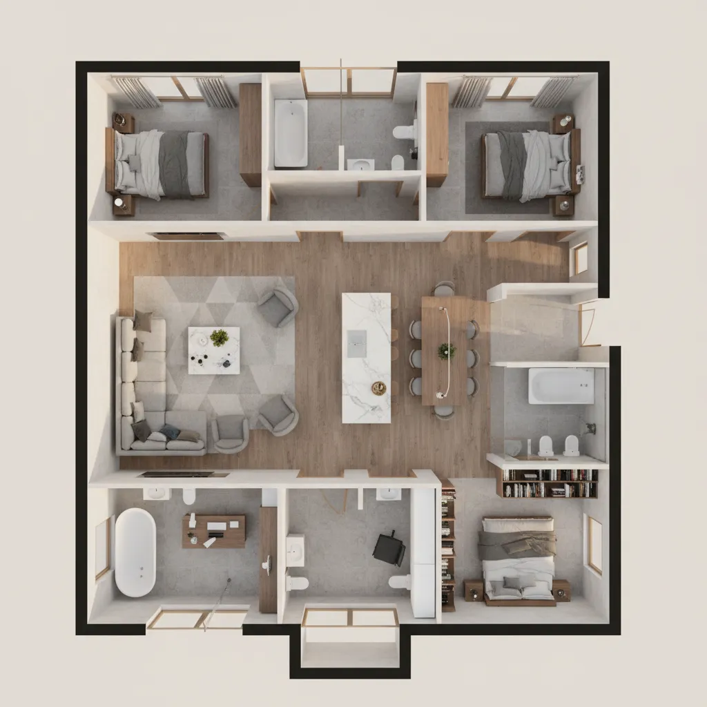 Visualisasi denah rumah dalam tampilan tiga dimensi