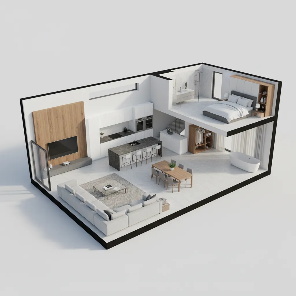 Interior design drawing showing modern living room kitchen island dining table and a loft bedroom